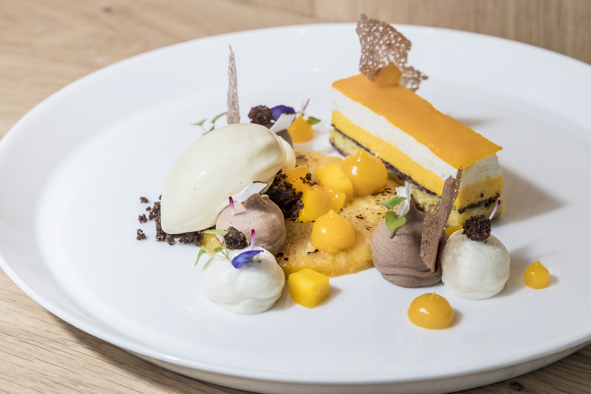 Ein Teller mit elegant angerichtetem Dessert: Sahne, Schokoladenmousse, Fruchtstücke und einem Dessertstück.