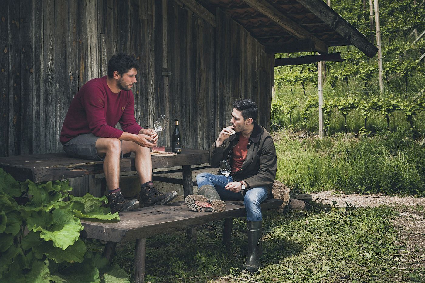 Two men sitting on wooden benches, drinking wine and chatting in front of a rustic hut in greenery.