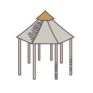 Ein einfaches, stilisiertes Pergola-Zelt mit sechs dünnen Stangen und einem spitzen Dach in Beige und Braun.